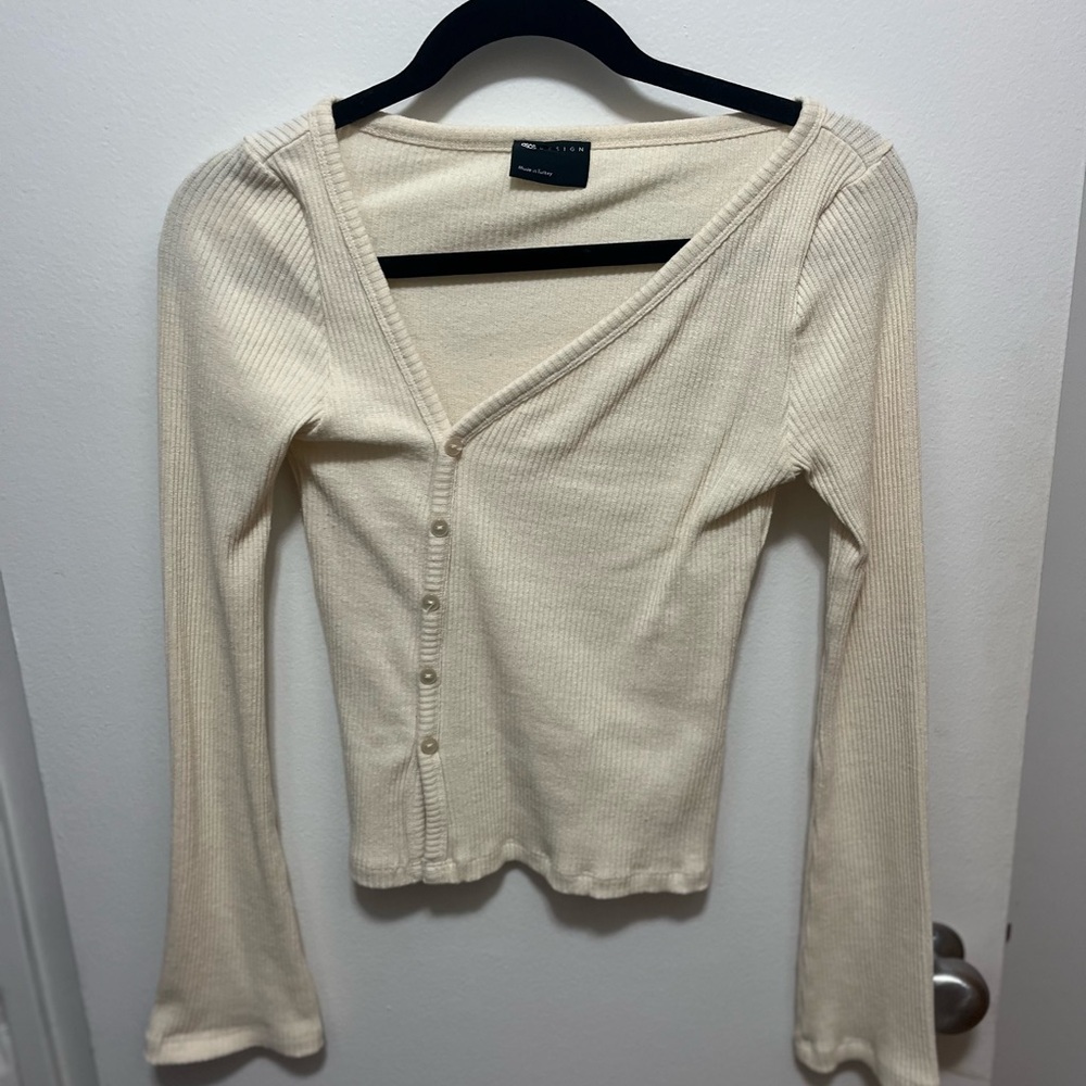 ASOS Cream Ribbed V-Neck Blouse